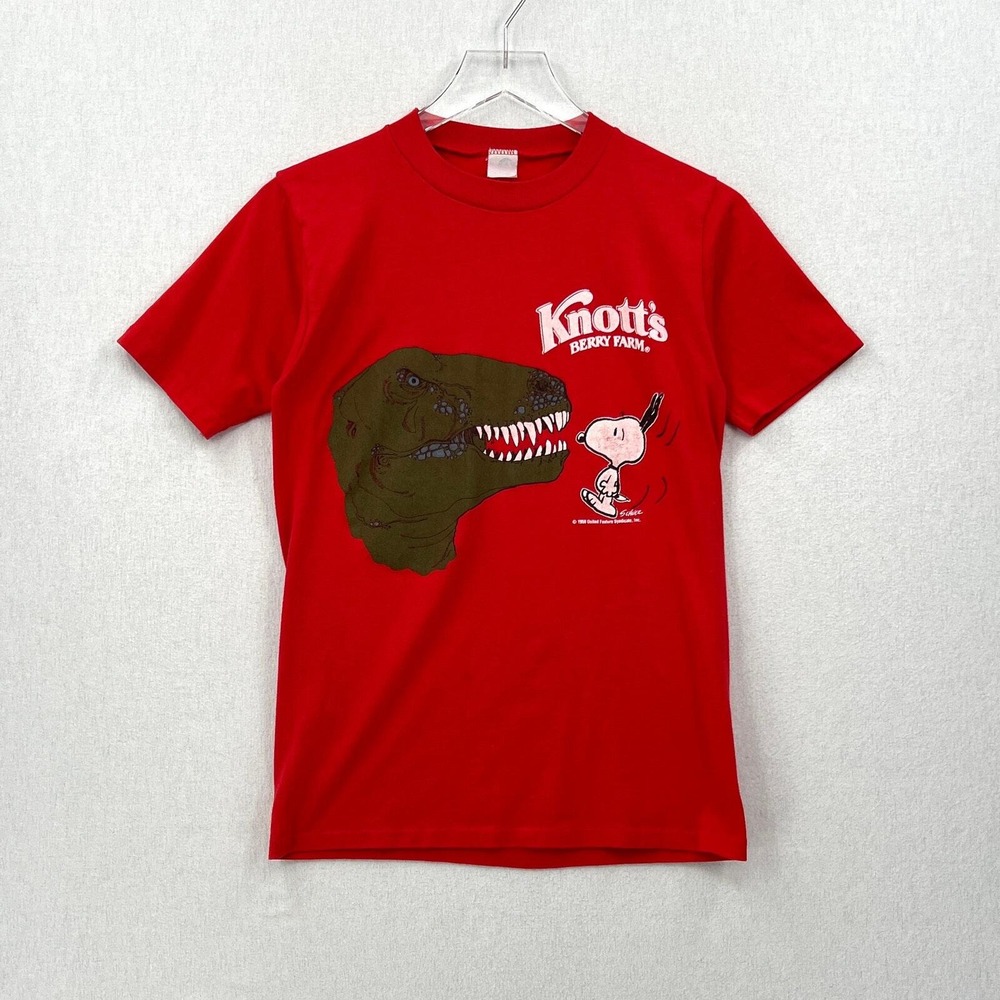 Vintage Knotts Berry Farm Snoopy Tee Shirt Small Red Crew Single Stitch Dinosaur